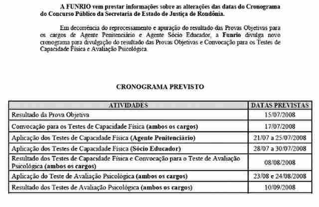 FUNRIO DIZ QUE DIVULGARÁ NOVO RESULTADO DE CONCURSO DA SEJUS NESTA TERÇA FEIRA