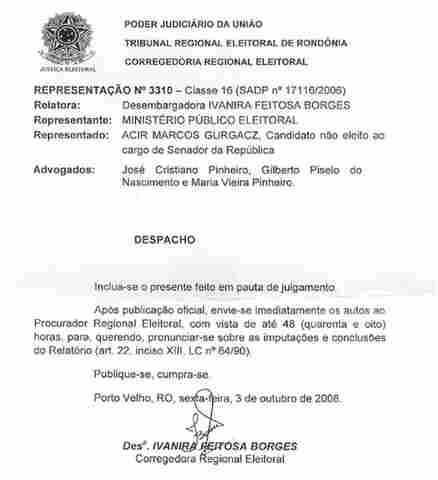 TRE DECIDE INCLUIR PROCESSO CONTRA ACIR GURGACZ EM PAUTA DE JULGAMENTO