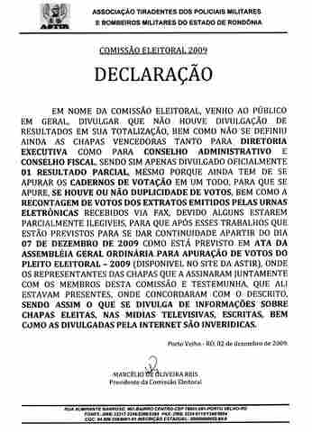 Nota oficial da Comissão Eleitoral -ASTIR