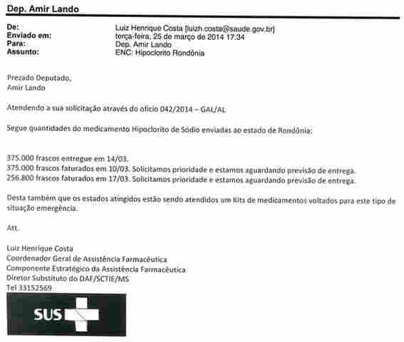 Ministério da Saúde envia medicamentos e Hipoclorito de sódio solicitados por Amir Lando