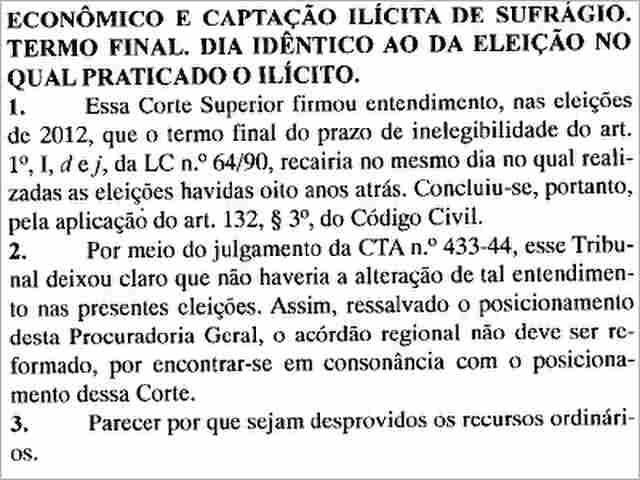 NO TSE, PROCURADORIA GERAL ELEITORAL DEFENDE DECISÃO DO TRE QUE CONCEDEU REGISTRO A EXPEDITO; VEJA DECISÃO