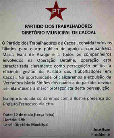 PT ANUNCIA PUNIÇÃO A VEREADORA QUE APOIOU INVESTIGAÇÕES E DIZ QUE OPERAÇÃO É PERSEGUIÇÃO