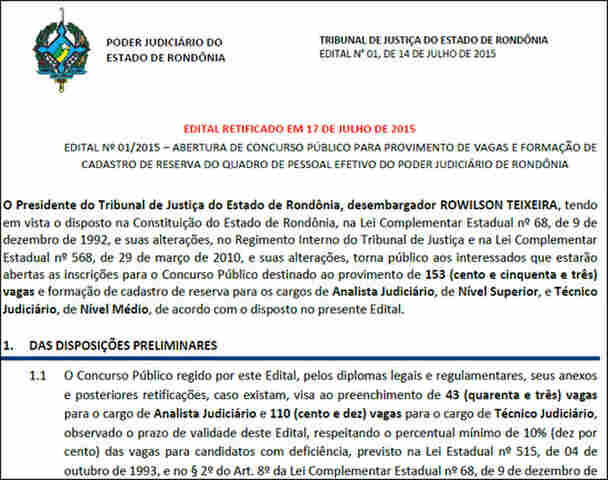 INSCRIÇÕES PARA O CONCURSO DO TJ DE RONDÔNIA COMEÇAM NESTA SEGUNDA