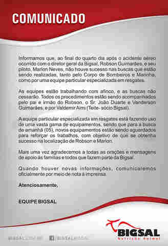 Buscas pelo dono da Bigsal e piloto continuam sem sucesso