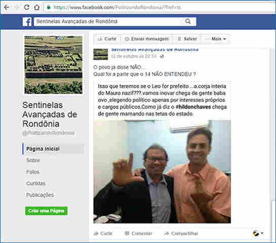 Léo Moraes não gosta e Justiça manda tirar do ar a página Sentinelas Avançadas de Rondônia