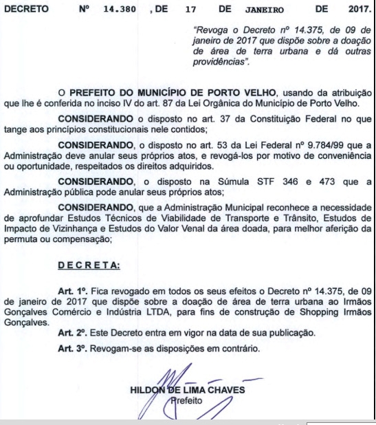Prefeito anula doação de área para supermercado em Porto Velho