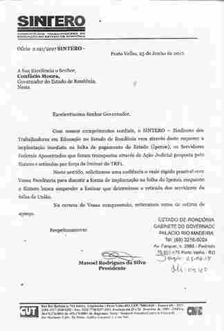 Sintero pede que Iperon assuma urgentemente servidores transpostos e retirados da folha da União