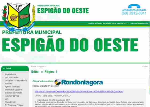 Prefeitura de Espigão abre inscrições para médicos com salário de R$ 10.394,71