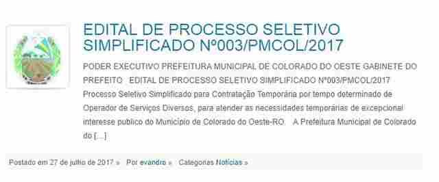 Prefeitura de Colorado do Oeste vai contratar profissionais de nível fundamental e médio