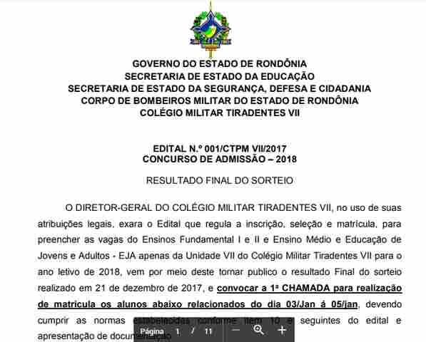 Confira resultado final da seleção para o Colégio Militar Tiradentes VII, antiga Escola Manaus