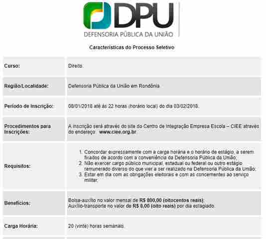 Defensoria Pública da União em Rondônia seleciona estagiários de Direito