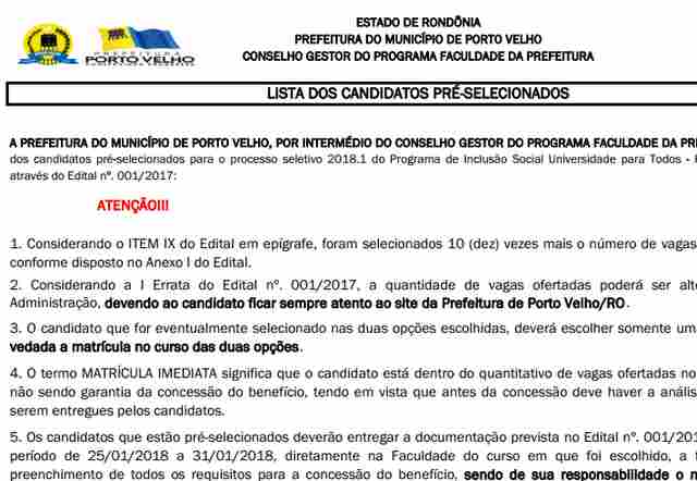 Faculdade da Prefeitura divulga listão dos pré-selecionados; confira