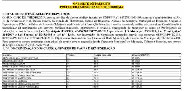 Prefeitura de Theobroma abre inscrições para 42 vagas na área de educação