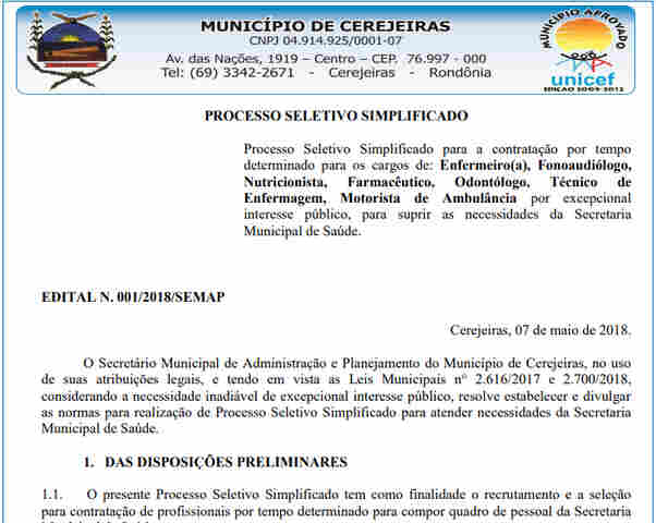 Prefeitura de Cerejeiras abre seleção com 15 vagas
