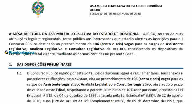 Inscrições para concurso da Assembleia Legislativa de Rondônia começam nesta segunda