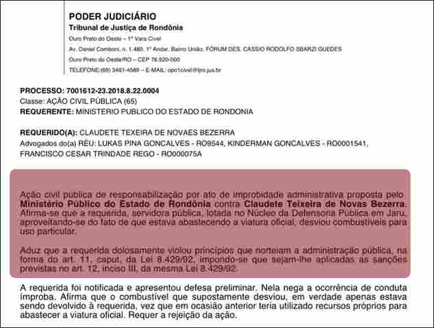 Esposa do candidato Chiquinho de Jaru foi condenada por abastecer carro particular com cartão corporativo