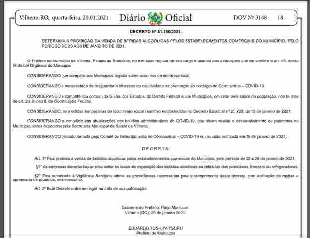 Vilhena proíbe venda de bebidas alcoólicas em qualquer horário até dia 26