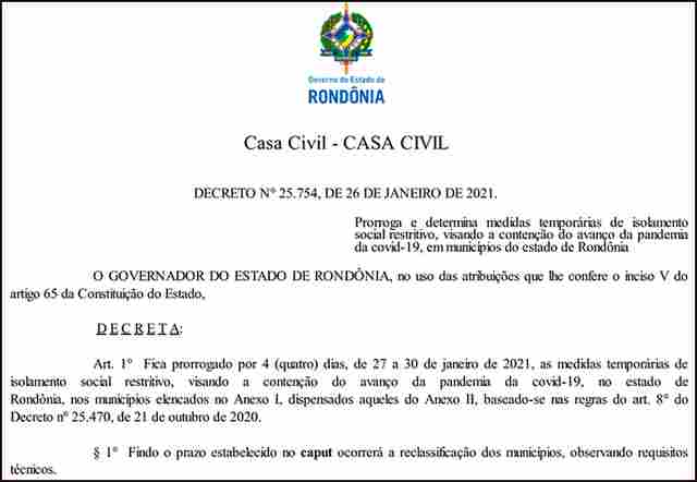 Governo mantém medidas de isolamento e toque de recolher até sábado em Rondônia