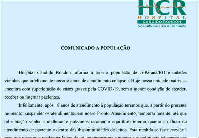 "Sistema colapsou": Hospital em Ji-Paraná anuncia que não pode mais receber pacientes