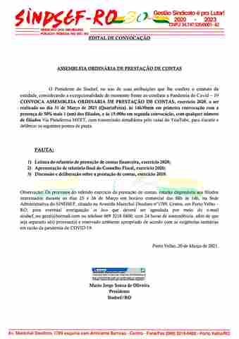 Sindsef-RO Edital de Convocação de Assembleia Ordinária de Prestação de Contas