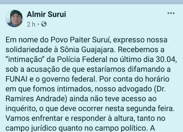 Líder indígena Almir Suruí vai a PF e confirma inquérito por calúnia e “fake news”