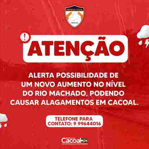 Cacoal emite novo alerta sobre possibilidade de enchente na cidade