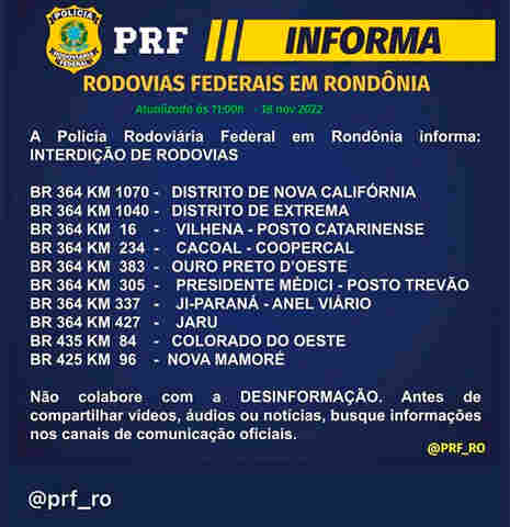 Sobe para 10 os bloqueios em rodovias federais em Rondônia nesta sexta-feira
