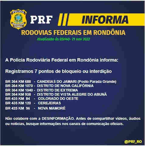 Rondônia ainda tem sete bloqueios em rodovias federais