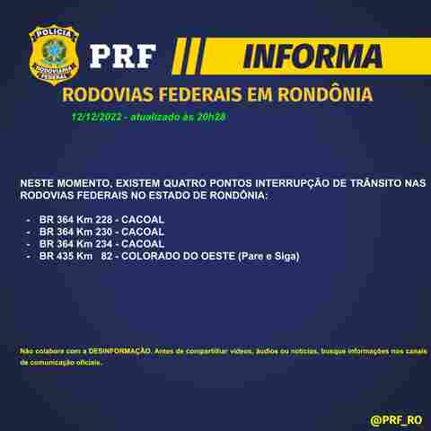 Bloqueios em Rondônia seguem em Cacoal e Colorado na noite desta segunda