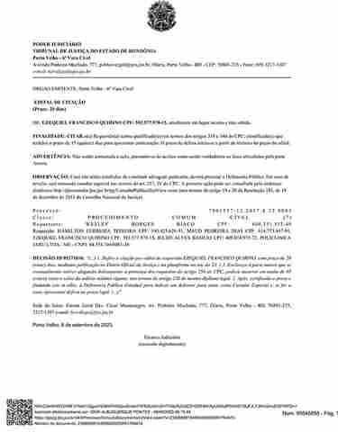Edital de Citação de Ezequiel Francisco Quirino - Processo 7001557-12.2017.8.22.0003