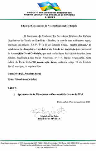 Sindler - Edital de Convocação de Assembléia Geral Ordinária