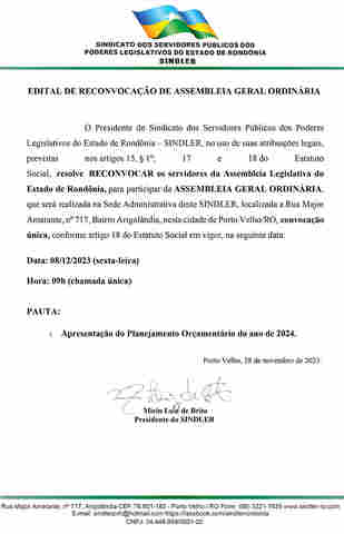 Sindler - Edital de Reconvocação de Assembleia Geral Ordinária