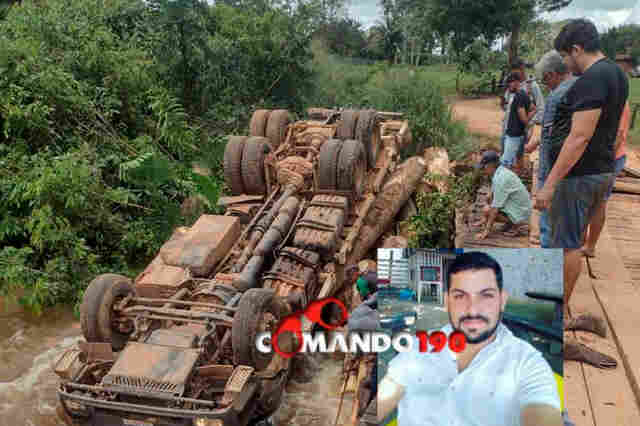 Caminhão cai em rio após ponte de madeira quebrar e motorista morre afogado