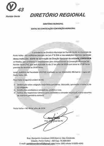 Partido Verde - Edital de Convocação da Convenção Municipal