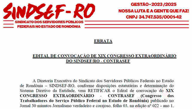 Errata Edital de Convocação do XIX Congresso Extraordinário do Sindsef/RO - Contrasef