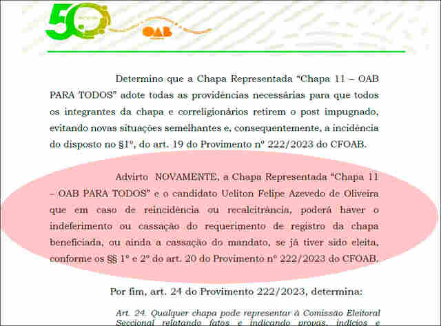 Gabinete do ódio: Comissão Eleitoral da OAB adverte dirigente da CAARO para cumprir decisão e faz novo alerta sobre cassação de registro