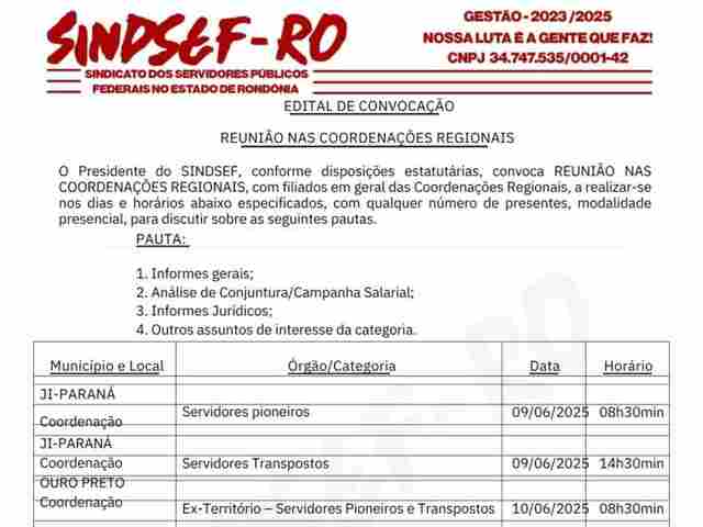 Sindsef convoca reuniões nas Coordenações Regionais de 9 a 13 de junho