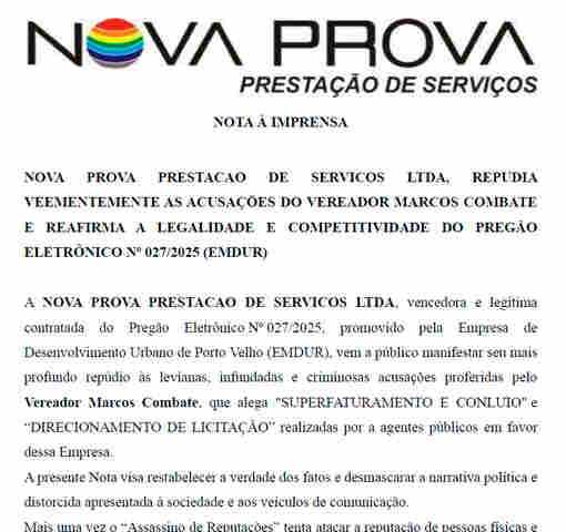 Nova Prova Prestação de Serviços, citada na denúncia de Marcos Combate, esclarece pontualmente as acusações