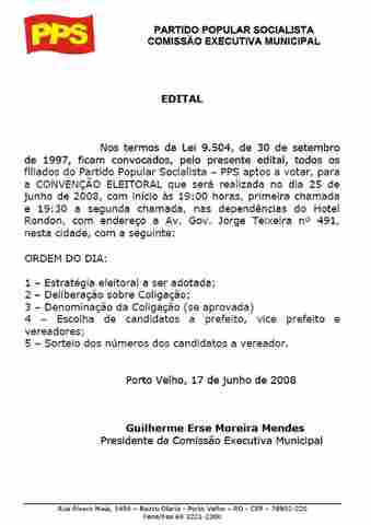 COMISSÃO EXECUTIVA MUNICIPAL DO PPS EM PORTO VELHO- EDITAL DE CONVENÇÃO ELEITORAL