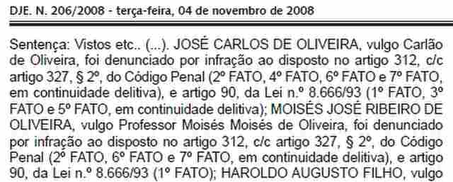 Sentença contra Carlão já está publicada no Diário da Justiça