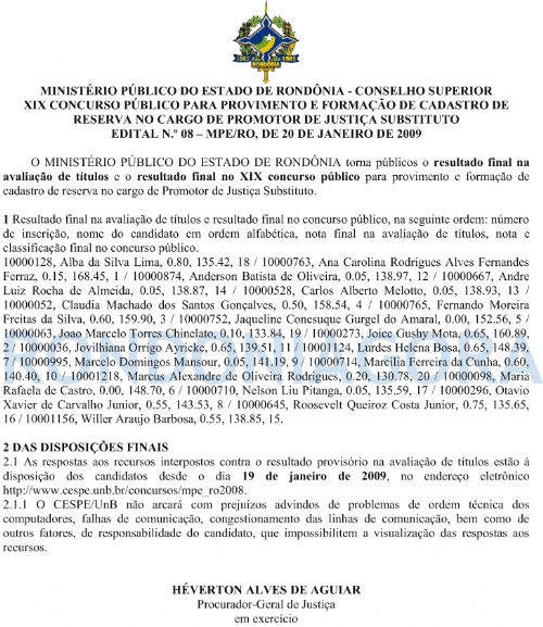 Confira o resultado final do concurso para Promotor de Justiça em Rondônia