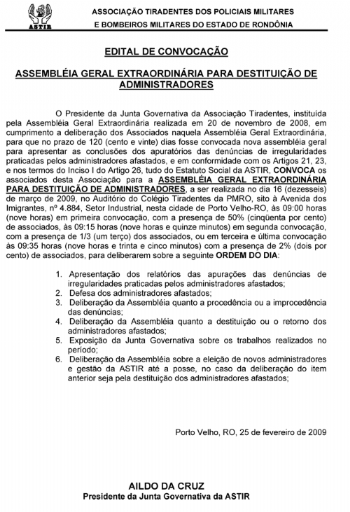 Edital de Convocação - Associação Tiradentes dos Policiais Militares - ASTIR