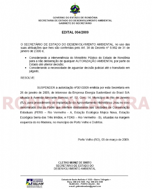 EXCLUSIVO: SEDAM SUSPENDE AUTORIZAÇÃO DE CONSTRUÇÃO DA USINA DE JIRAU