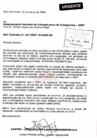 PARA MANTER CONTRATO, CAMTER ASSUME, EM DOCUMENTO, RESPONSABILIDADE POR QUEDA DE PASSARELA