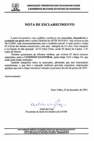 Nota de esclarecimento - Junta Governativa - Astir