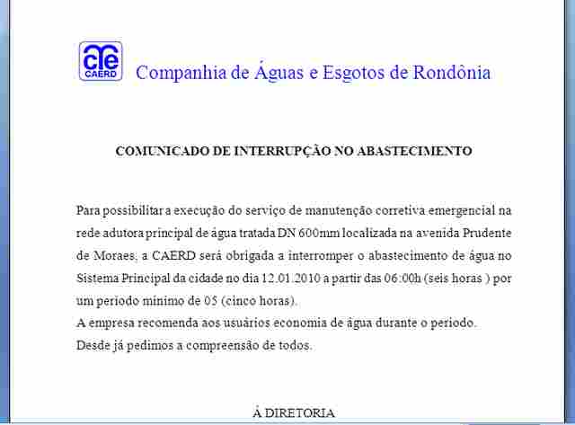 Comunicado de interrupção no abastecimento - Caerd