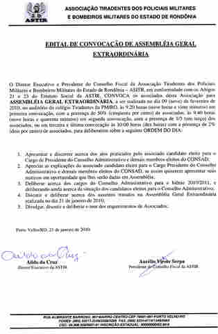 Diretoria e Conselho Fiscal da Astir convocam extraordinária