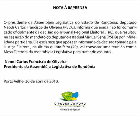 Assembléia envia Nota Oficial e diz que vai analisar caso Miguel Sena