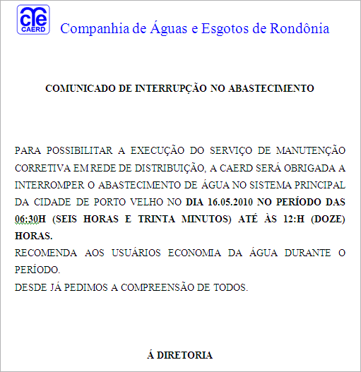 CAERD - comunicado de interrupção no abastecimento