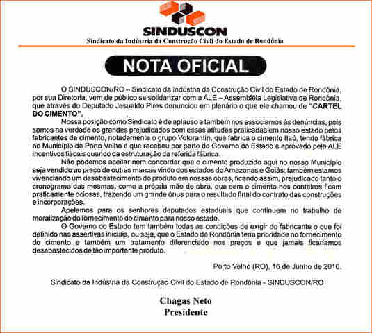 NOTA OFICIAL DO SINDICATO DA INDÚSTRIA DA CONSTRUÇÃO CIVIL DO ESTADO DE RONDÔNIA